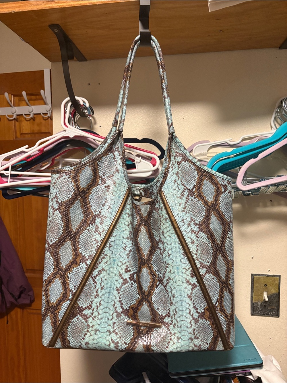 Brahmin Aqua and Brown Snake-Print Shoulder Bag